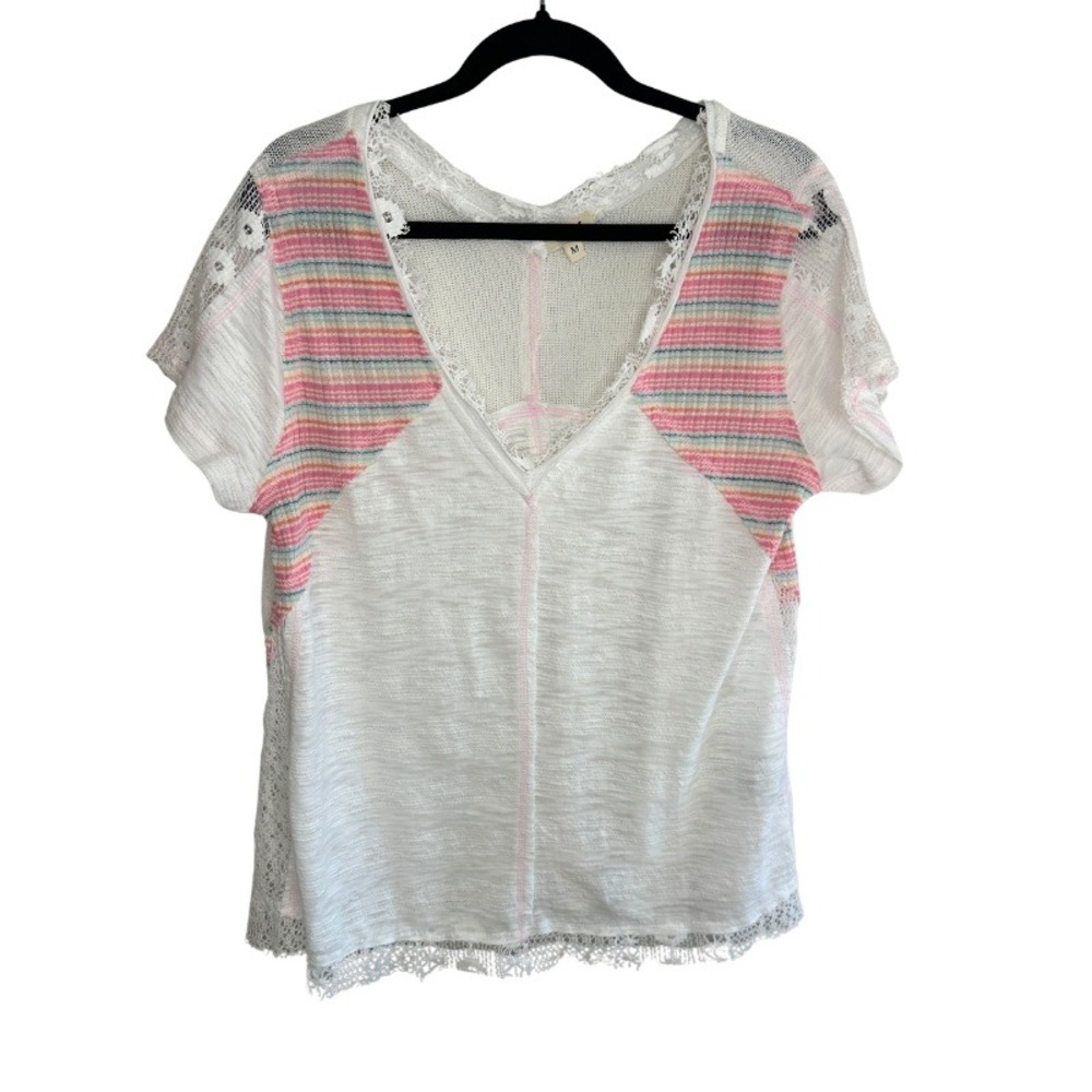 POL Short Sleeve Top Mixed Media V-Neck Shirt White Pink YKT1124 Size M NWOT